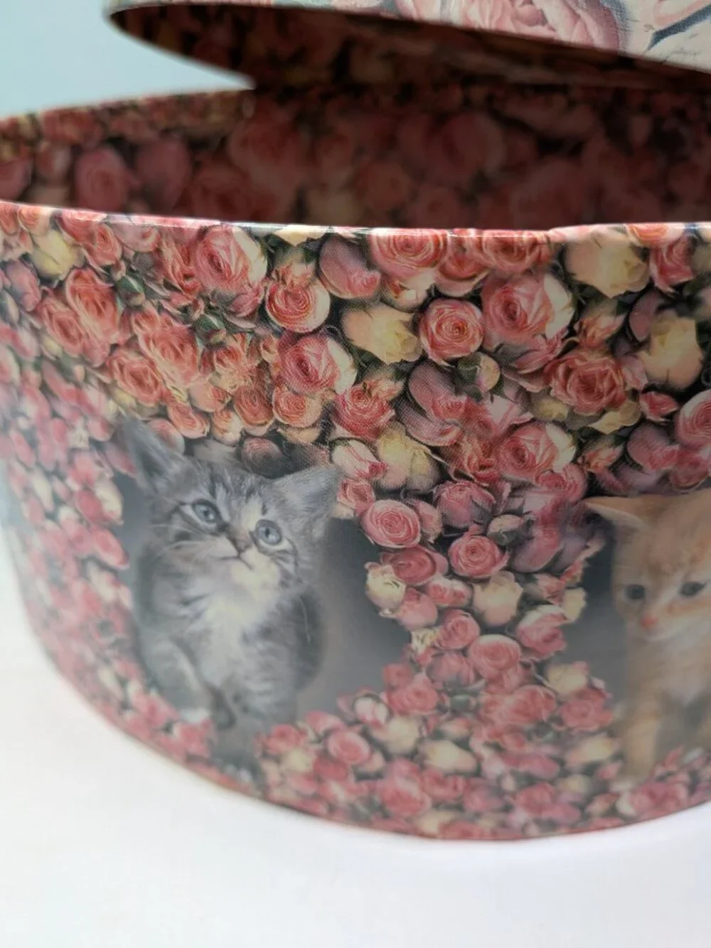 Vintage Large Round Kitten & Pink Roses Cardboard Hat Box Storage 12